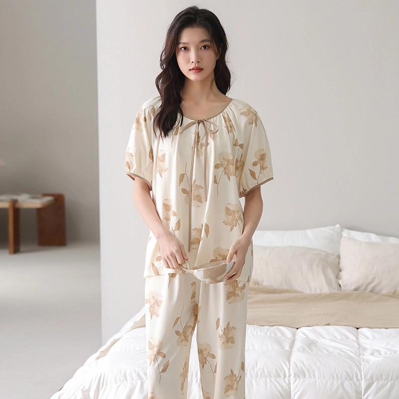 芬腾可安 宿舍可穿春夏季韩版气质细腻亲肤柔软甜美微弹透气舒适圆领显瘦大学生宿舍外出都可穿的家居服睡衣套装 女款