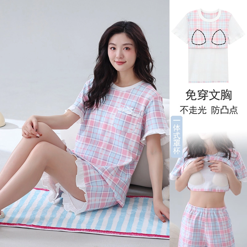 芬腾可安 可外穿的带胸垫一体式慵懒休闲少女时尚亲肤百搭显瘦舒适柔软细腻无束缚短袖短裤家居服睡衣套装 女款