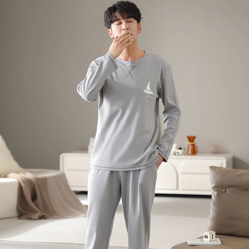 芬腾可安 经典绣花亲肤休闲简约长袖长裤家居服可外穿睡衣套装 男款 浅灰色