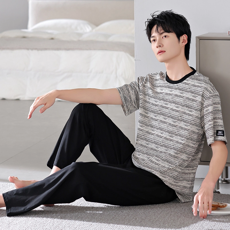 芬腾可安 透气舒适时尚休闲圆领简约短袖柔软亲肤长裤家居服睡衣套装 男款 灰色
