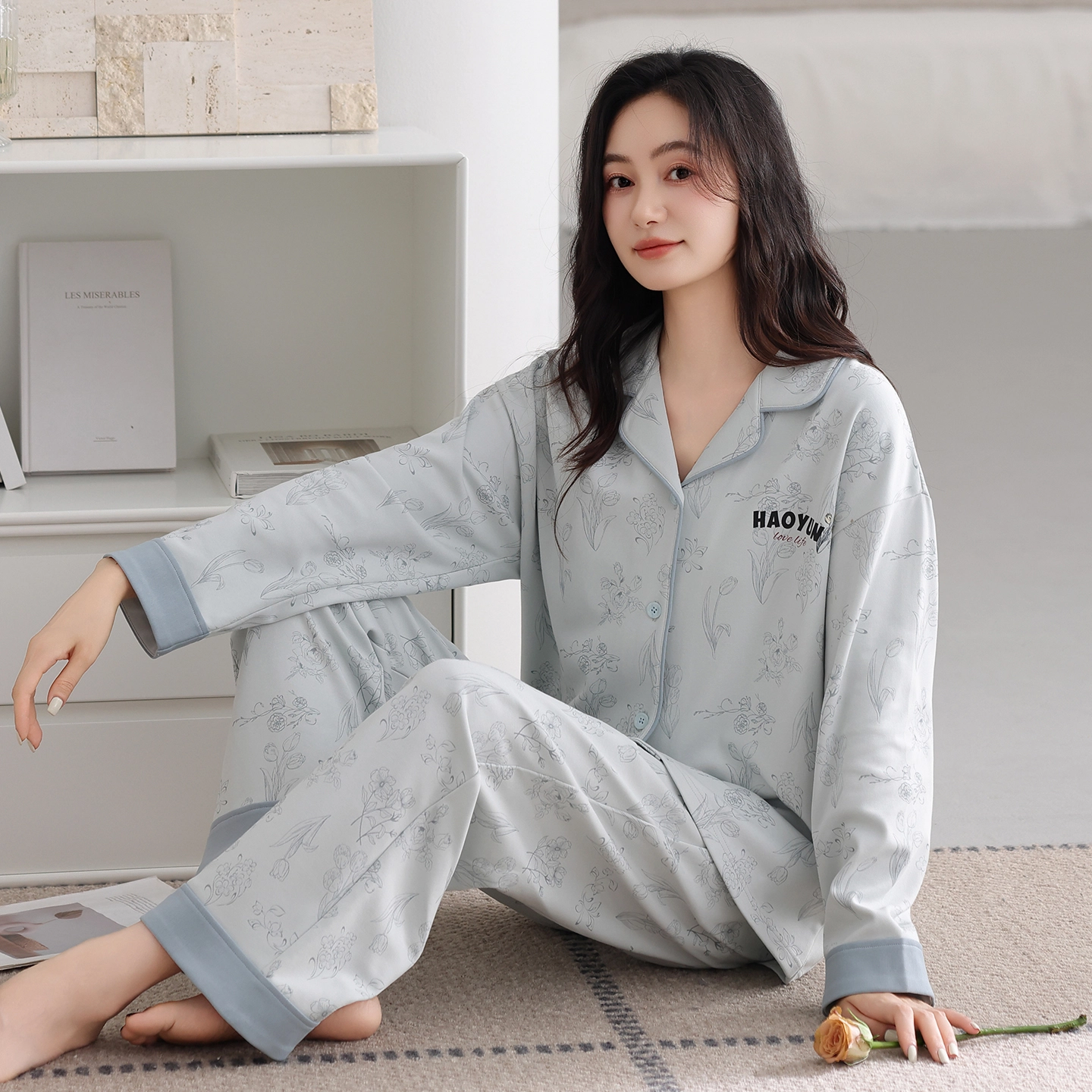 芬腾可安 春秋设计感柔软亲肤翻领纯棉优雅开衫简约时尚家居服睡衣套装 女款