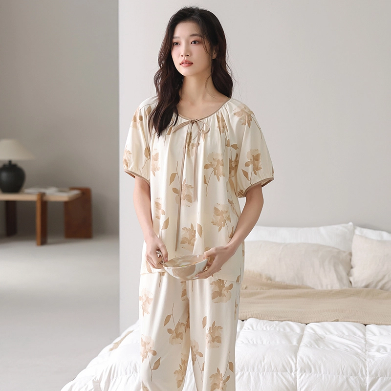 芬腾可安 宿舍可穿春夏季韩版气质细腻亲肤柔软甜美微弹透气舒适圆领显瘦大学生宿舍外出都可穿的家居服睡衣套装 女款