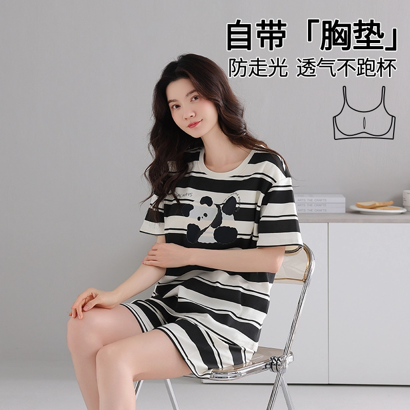 芬腾可安 可外穿简约亲肤细腻轻盈时尚柔软透气带无感胸垫短袖家居服睡衣套装 女款 黑色