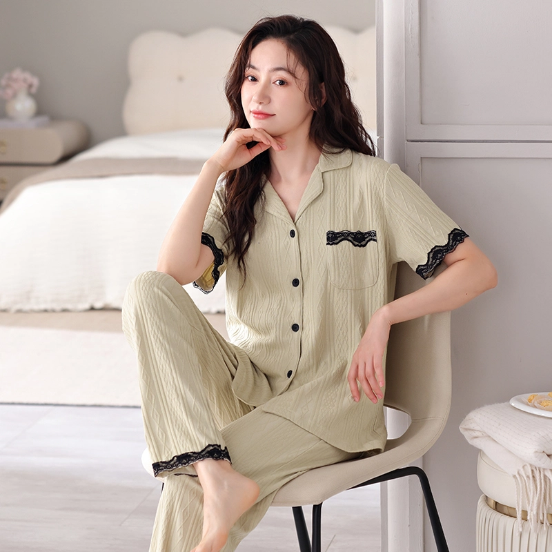 芬腾可安 遮肉开衫简约柔软亲肤时尚休闲翻领短袖长裤居家服睡衣套装 女款 抹茶色