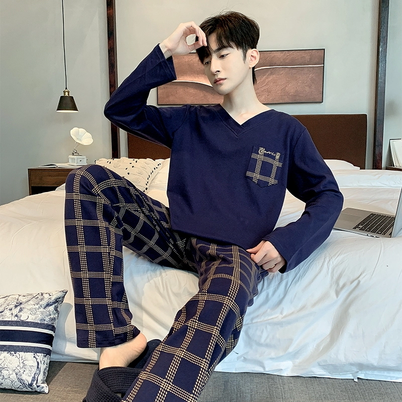 芬腾可安 时尚舒适针织简约口袋长袖格仔长裤亲肤家居服可外穿睡衣套装 男款 藏青色