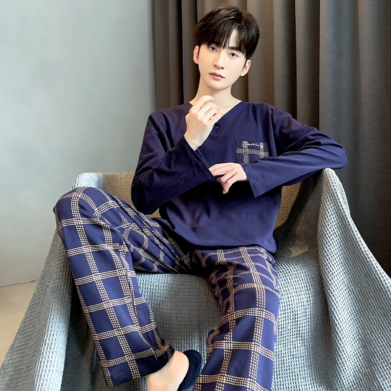 芬腾可安 时尚舒适针织简约口袋长袖格仔长裤亲肤家居服可外穿睡衣套装 男款 藏青色