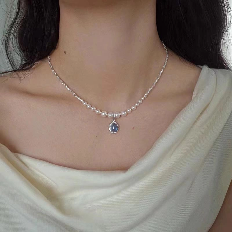 克兰茜 碎银子水滴项链 辣妹锁骨链 女款 嘻哈潮流说唱 美式甜酷高街 蓝色大海传说蓝眼泪轻奢小众设计 合金 项链 女款