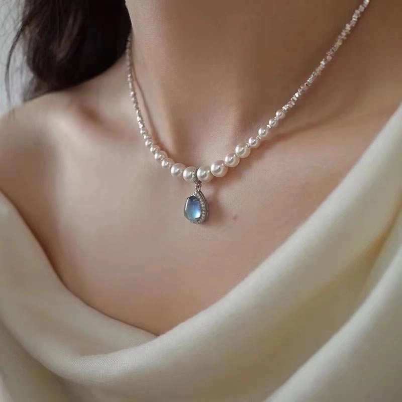 克兰茜 碎银子水滴项链 辣妹锁骨链 女款 嘻哈潮流说唱 美式甜酷高街 蓝色大海传说蓝眼泪轻奢小众设计 合金 项链 女款