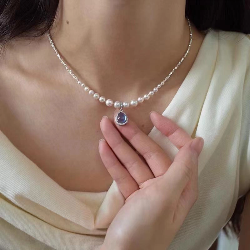 克兰茜 碎银子水滴项链 辣妹锁骨链 女款 嘻哈潮流说唱 美式甜酷高街 蓝色大海传说蓝眼泪轻奢小众设计 合金 项链 女款