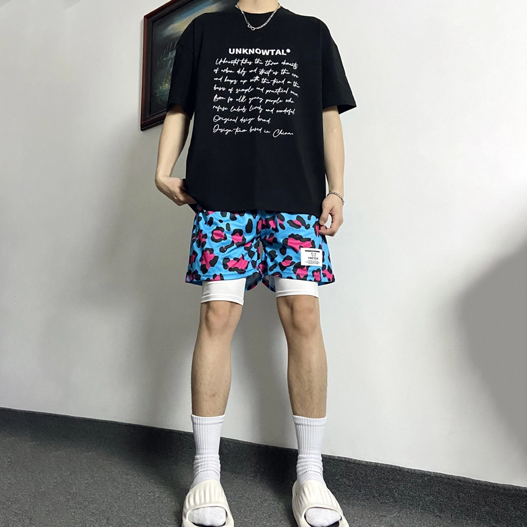 美式高街复古风透气速干百搭运动篮球训练跑步爬山豹纹分裤休闲短裤 男女同款