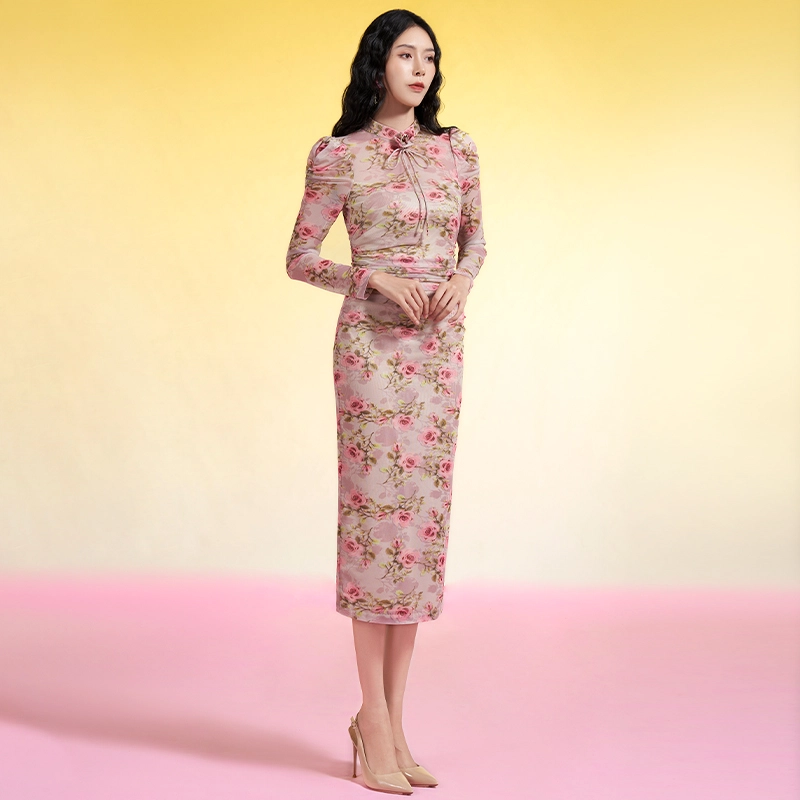 四美子 立领时尚长款长袖连衣裙 朱丽叶塔