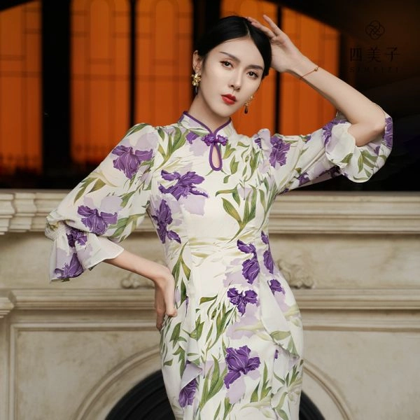 四美子 高级感植物花卉印花改良长款连衣裙旗袍 女款 鸢尾花慢