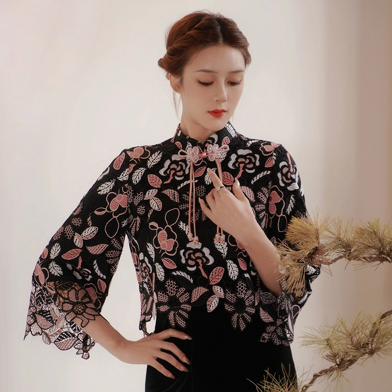 四美子 刺绣改良罩衫吊带连衣裙花色长袖两件套旗袍 朝颜