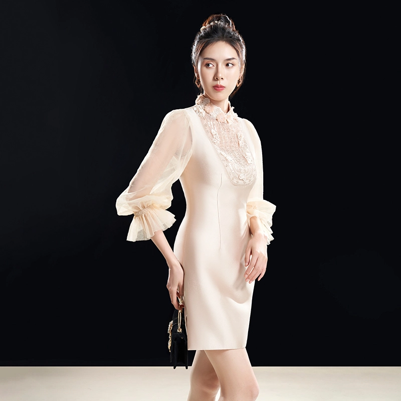 四美子 泡泡袖立领长袖连衣裙 锦璨