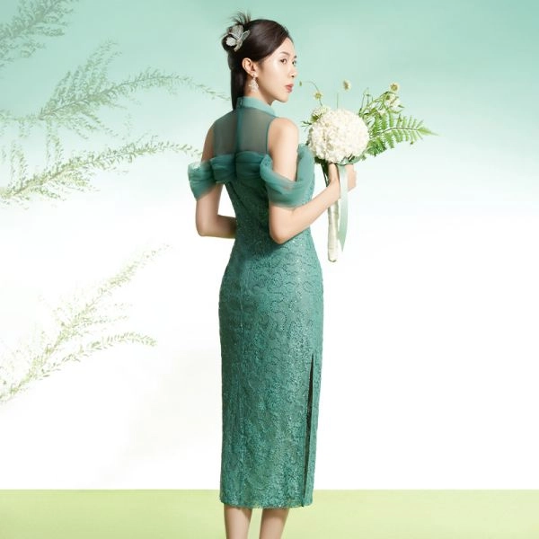四美子 绿色露肩修身蕾丝包臀旗袍连衣裙 花开时