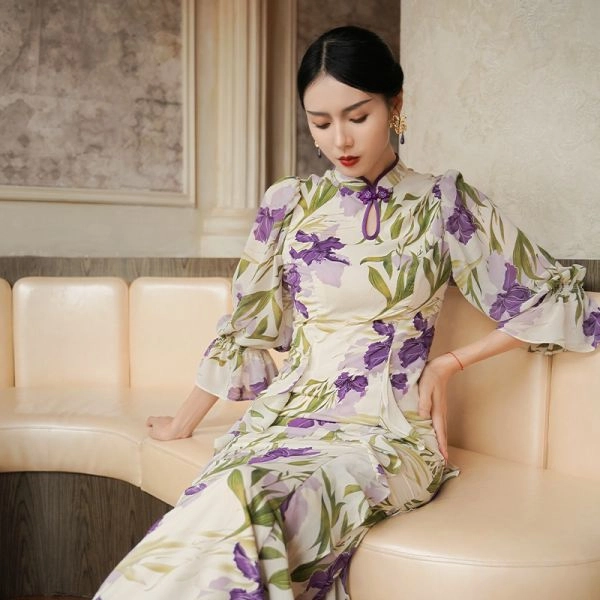 四美子 高级感植物花卉印花改良长款连衣裙旗袍 女款 鸢尾花慢