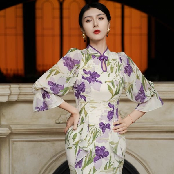四美子 高级感植物花卉印花改良长款连衣裙旗袍 女款 鸢尾花慢