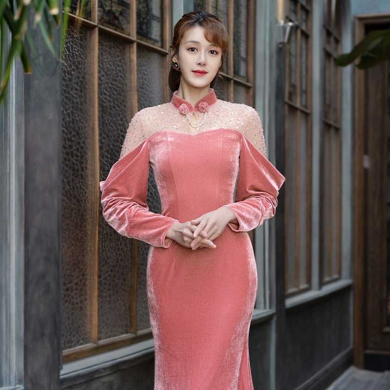 四美子 复古国风网纱拼接修身丝绒连衣裙 女款
