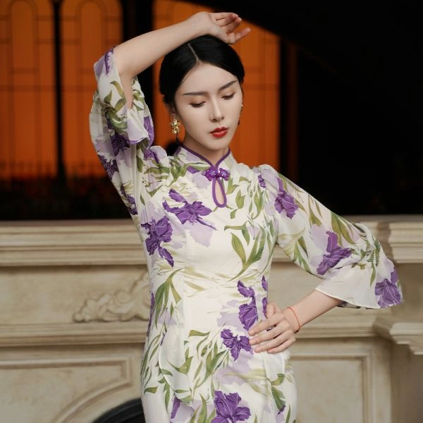 四美子 高级感植物花卉印花改良长款连衣裙旗袍 女款 鸢尾花慢