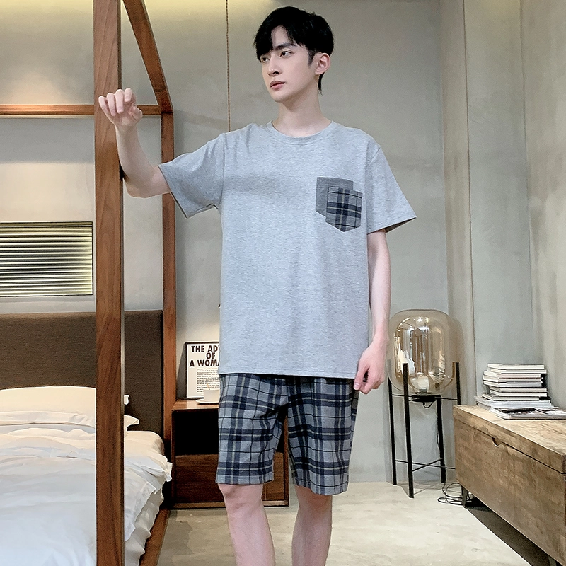 睦隆世家 圆领套头舒适短袖方格短裤睡衣套装 男款 花灰