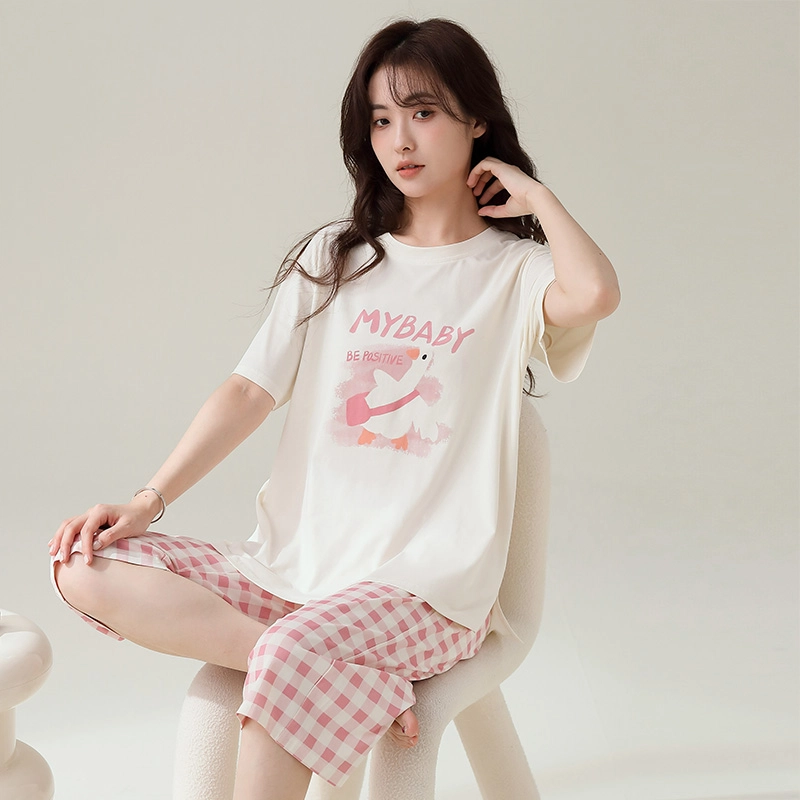 睦隆世家 短袖纯棉可外穿七分裤拉架爽棉甜美家居服睡衣套装 女款