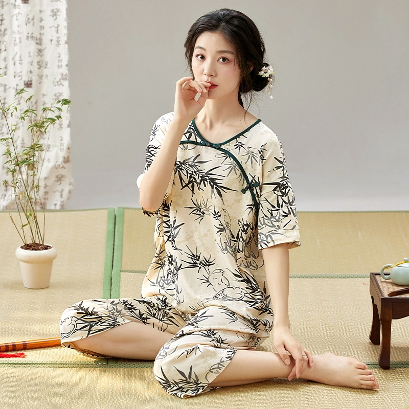 睦隆世家 休闲印花圆领短袖松紧腰七分裤睡衣套装 女款 杏色