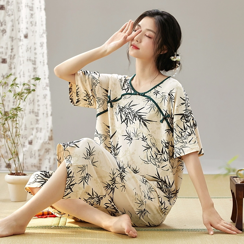 睦隆世家 休闲印花圆领短袖松紧腰七分裤睡衣套装 女款 杏色