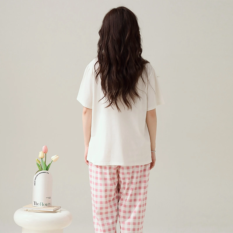 睦隆世家 短袖纯棉可外穿七分裤拉架爽棉甜美家居服睡衣套装 女款