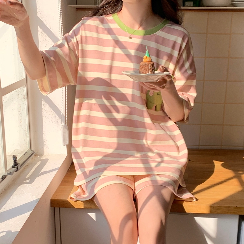 睦隆世家 圆领条纹短袖上衣松紧腰短裤睡衣套装 女款 粉色