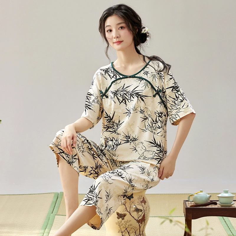 睦隆世家 休闲印花圆领短袖松紧腰七分裤睡衣套装 女款 杏色