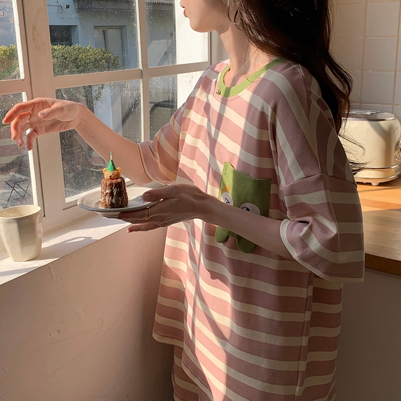 睦隆世家 圆领条纹短袖上衣松紧腰短裤睡衣套装 女款 粉色