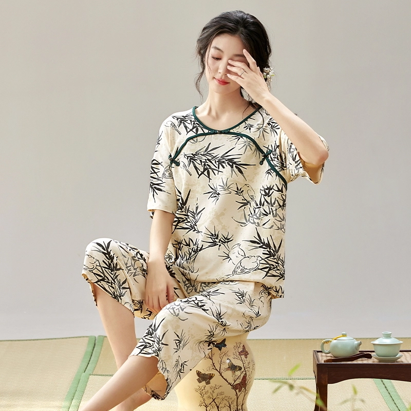 睦隆世家 休闲印花圆领短袖松紧腰七分裤睡衣套装 女款 杏色