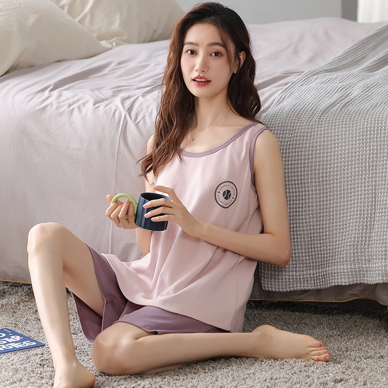 睦隆世家 简约小清新薄款无袖背心三分裤可外穿少女睡衣套装 女款 藕色