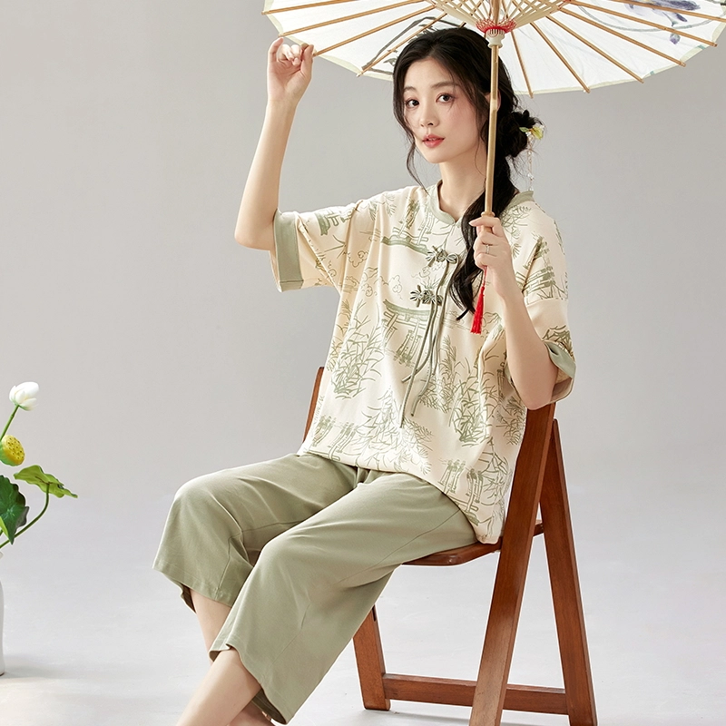 睦隆世家 舒适透气竹子印花立领套头短袖上衣松紧腰七分裤睡衣套装 女款 杏色