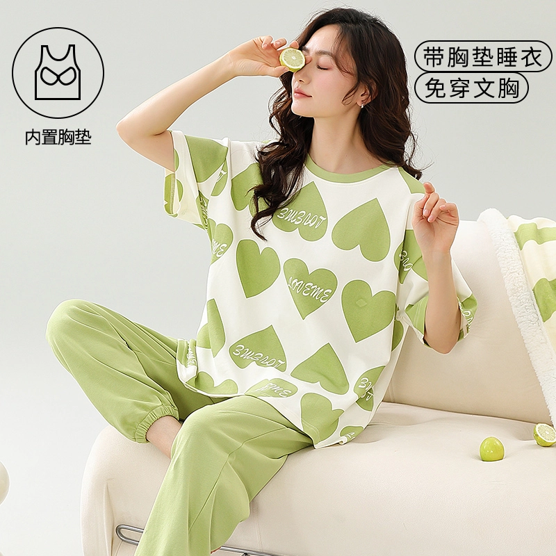 睦隆世家 韩版爱心印花带胸垫防凸点短袖束脚长裤可居家可外穿睡衣套装 女款 白色