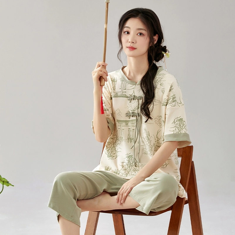 睦隆世家 舒适透气竹子印花立领套头短袖上衣松紧腰七分裤睡衣套装 女款 杏色