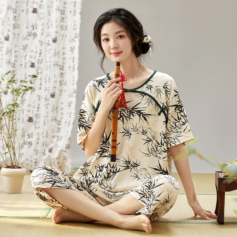 睦隆世家 休闲印花圆领短袖松紧腰七分裤睡衣套装 女款 杏色