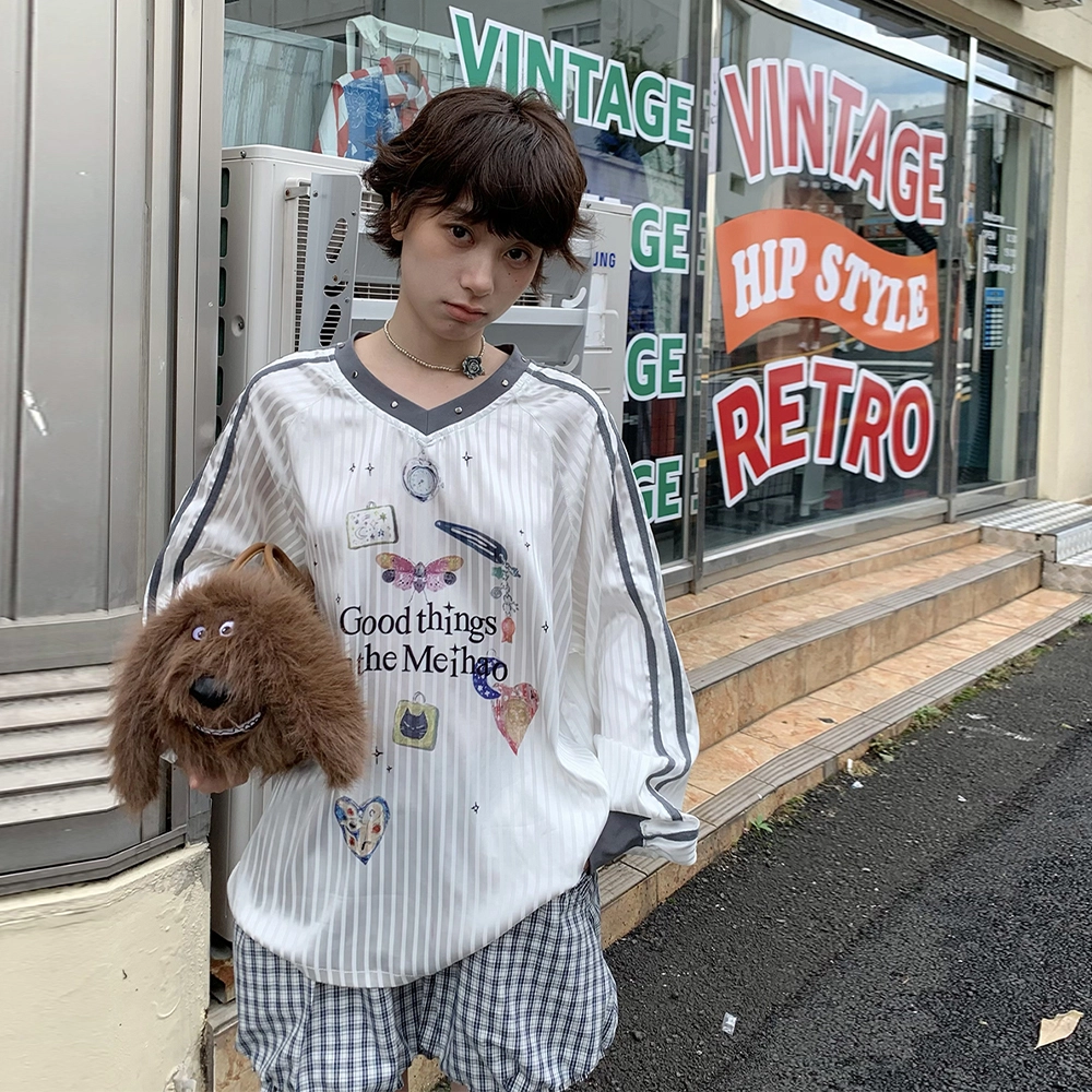 花蔓色 美式时尚休闲印花球衣可爱卡通长袖拼接插肩宽松卫衣 女款 白色 精美礼盒装