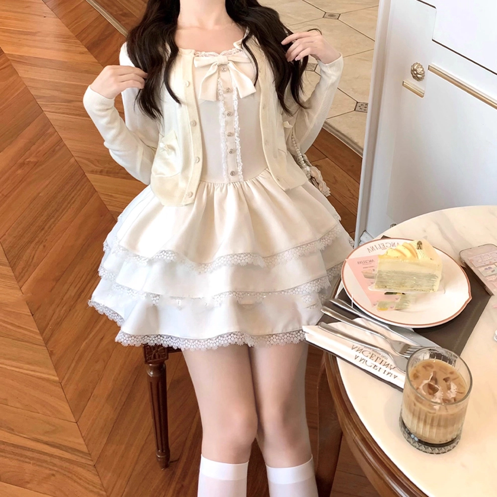 依钗 夏季出游穿搭甜美时尚蓬蓬蛋糕裙法式独特纯色长袖开衫外套两件套蝴蝶结收腰连衣裙白色小个子裙装套装 女款
