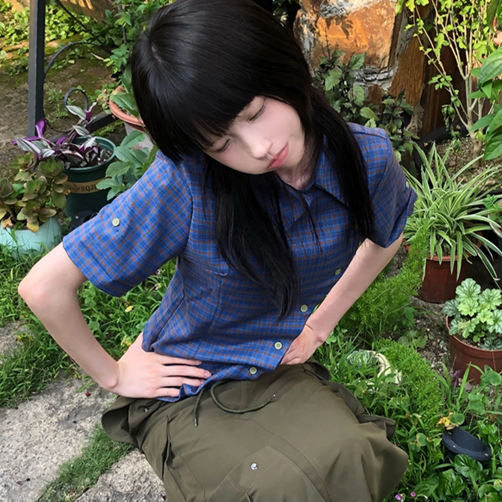 依钗 休闲新中式简约短袖复古格子别致小众设计感衬衫 女款