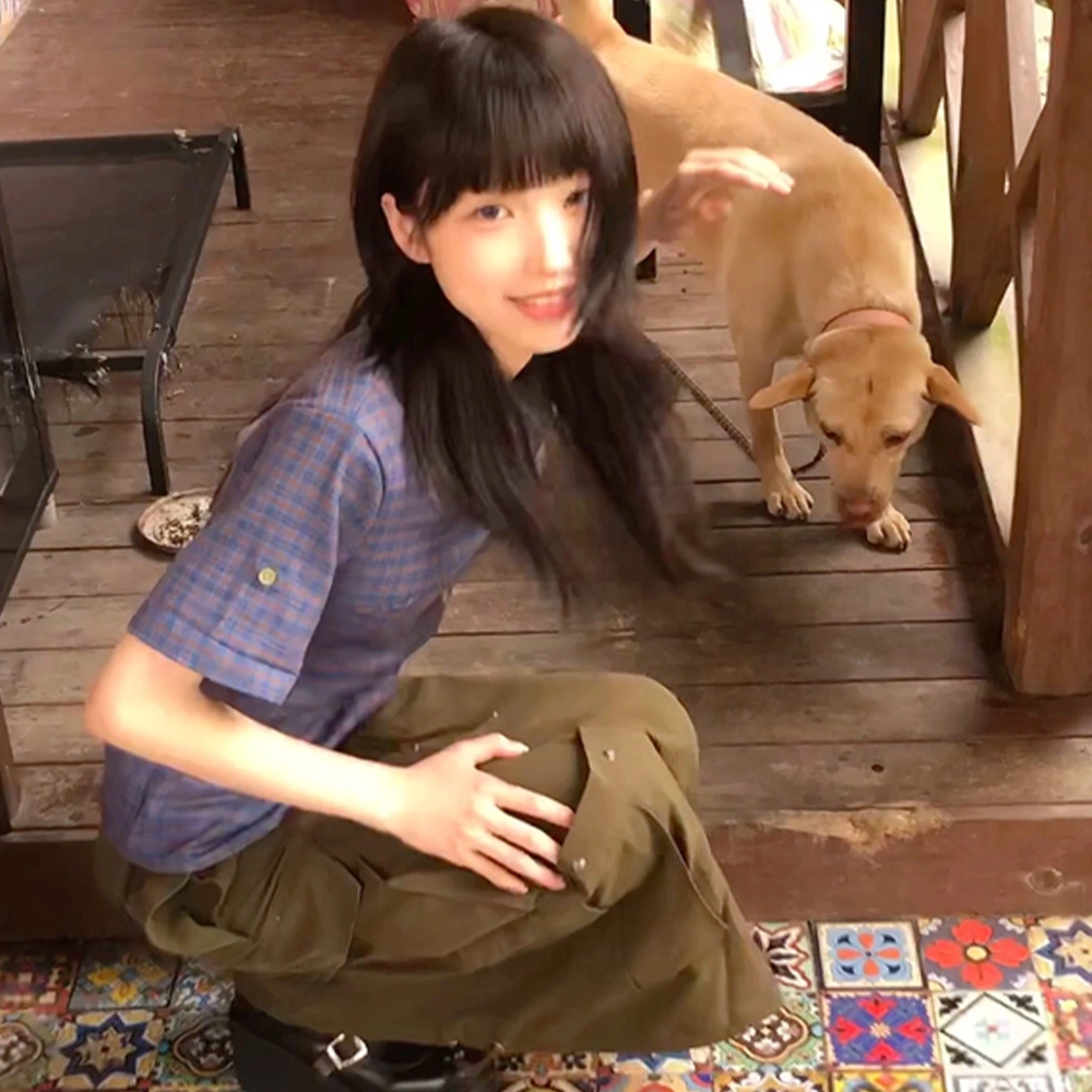 依钗 休闲新中式简约短袖复古格子别致小众设计感衬衫 女款
