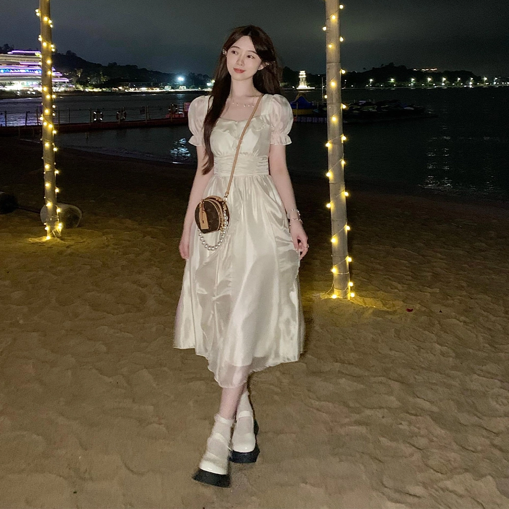 玉儿恋 掌上明珠 法式百搭休闲简约甜美森系仙女荷叶边纯色宽松气质方领收腰温柔仙女中长款长袖连衣裙 女款 杏色