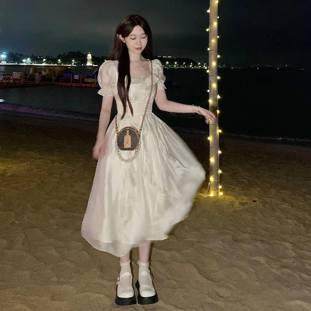 玉儿恋 掌上明珠 法式百搭休闲简约甜美森系仙女荷叶边纯色宽松气质方领收腰温柔仙女中长款长袖连衣裙 女款 杏色