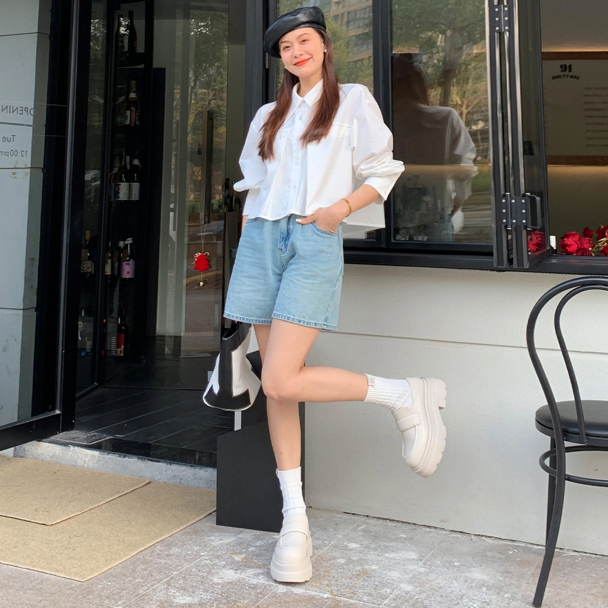 美洋 格兰岛牛仔短裤夏日清爽活力两粒扣撞色高腰直筒裤 女款 牛仔蓝