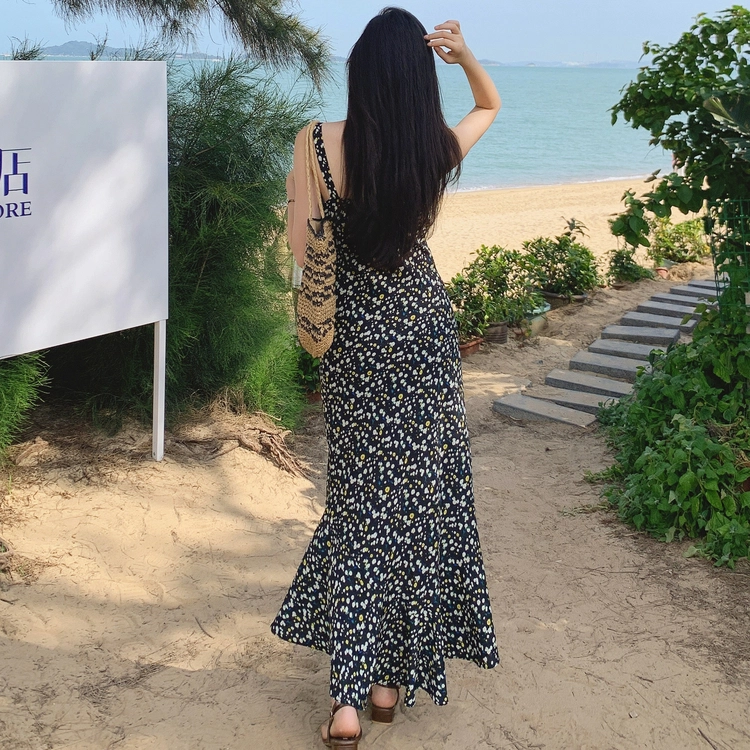 美洋 小雏菊 法式复古碎花雪纺无袖连衣裙 女款