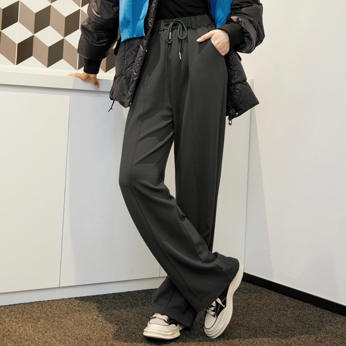 美洋 竹签休闲裤 宽松直筒运动长裤拖地阔腿卫裤女 女款