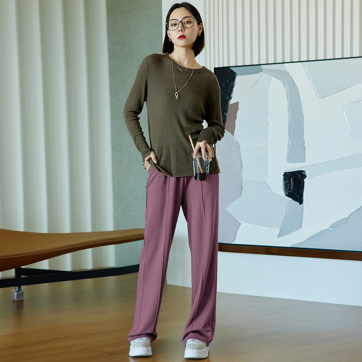 美洋 竹签休闲裤 宽松直筒运动长裤拖地阔腿卫裤女 女款