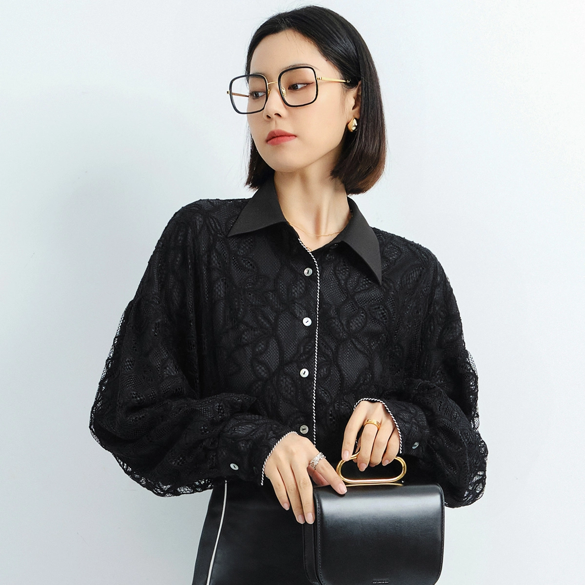 美洋 伦敦花市 浪漫优雅撞色立体蕾丝长袖衬衫 女款