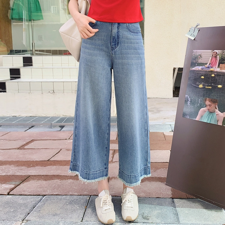 美洋 天菜阔腿裤 怀旧复古水洗休闲高腰宽松八分牛仔裤 女款 蓝色