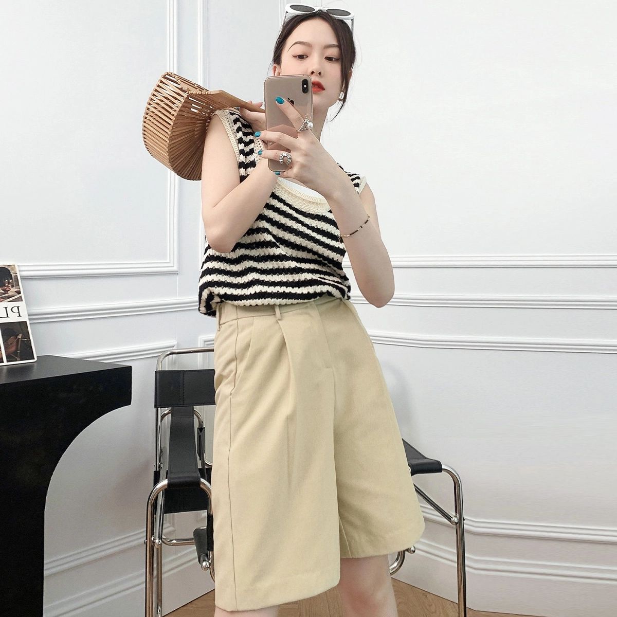 美洋翡翠湖西装中裤 少年感仿麻百慕大纯色直筒高腰五分短裤 女款